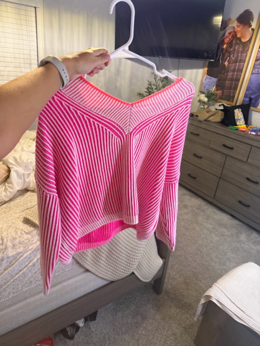 Pink Striped V-Neck Women’s Sweater
